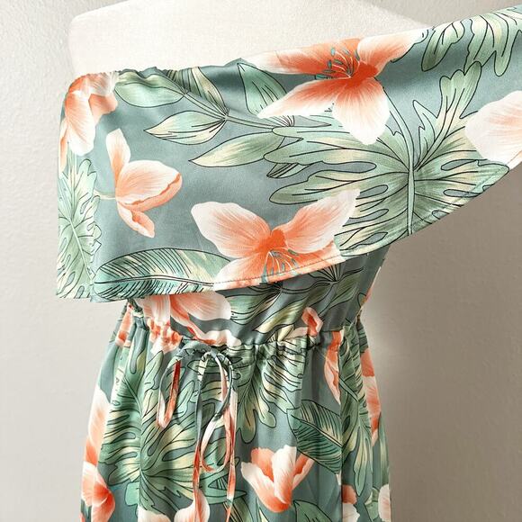 Akira Strapless Green Tropical Floral Flowy Slit Maxi Dress women’s size medium - Picture 3 of 11